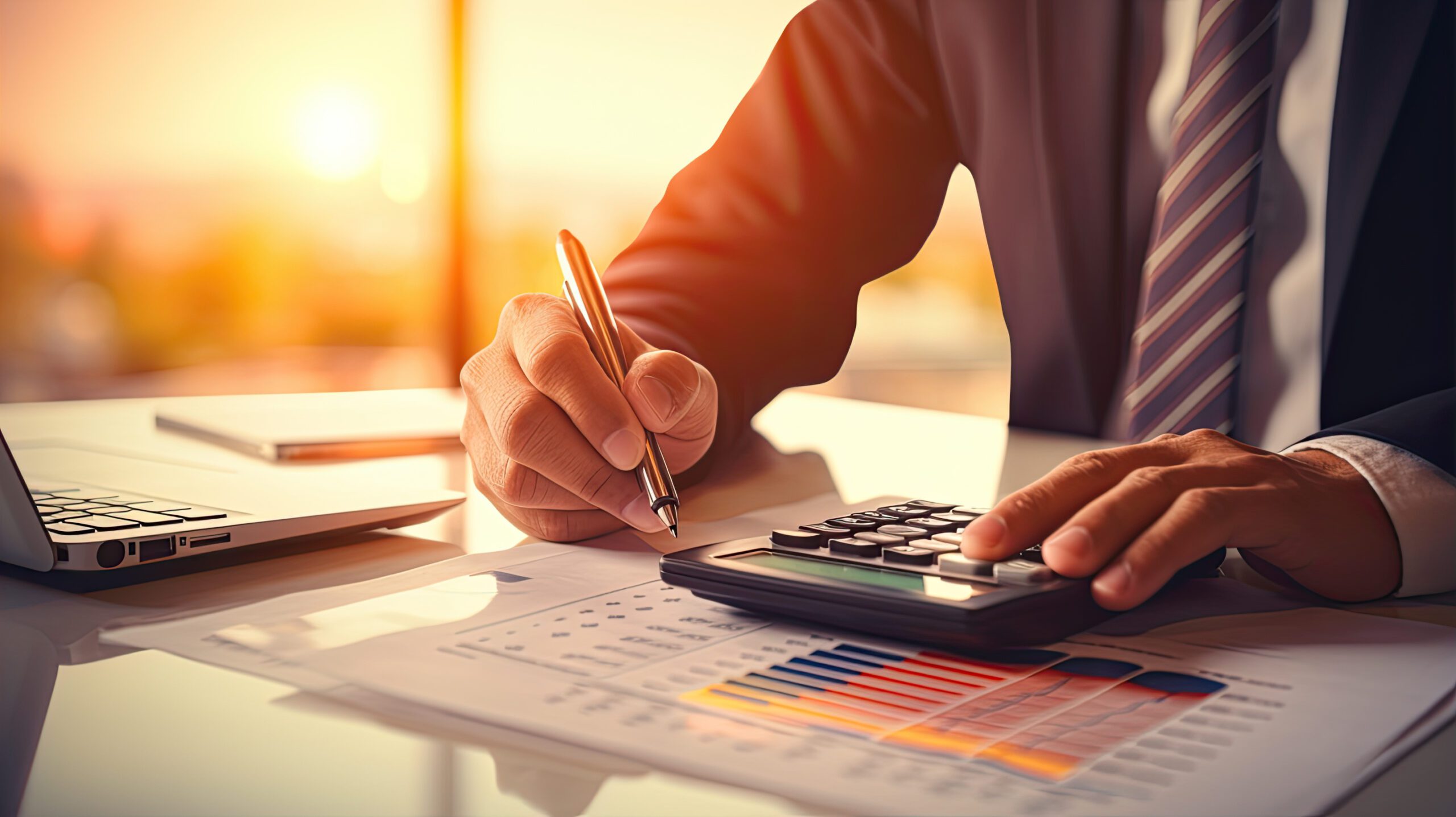 A person in formal attire is working at a desk with charts and graphs, using a calculator and holding a pen. A laptop is open on the desk beside them, and sunlight filters through a window, illuminating the workspace.