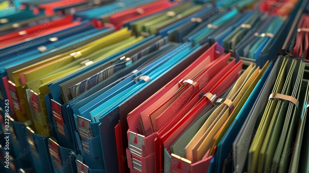 Colorful files arranged in an organized group, with various bright hues such as blue, red, green, and yellow. The files appear to be standing upright and held together with metal clips, creating a visually striking pattern of colors and textures.