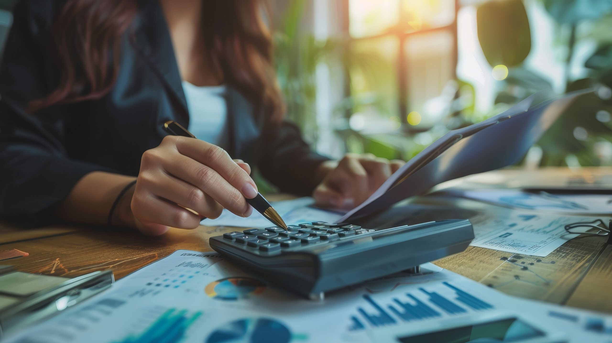 A person in a suit is sitting at a desk with various financial documents scattered around. They are using a calculator and holding a pen, analyzing the paperwork. Sunlight filters through a window, creating a bright, focused work environment.