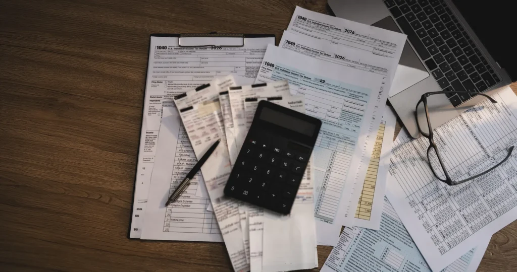 A calculator, pen, and eyeglasses rest on tax documents and receipts spread across a wooden desk, with part of a laptop visible in the corner.